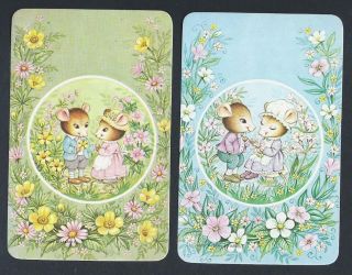 920.  723 Blank Back Swap Cards - Pair - Mouse Couples In Cameo With Flowers