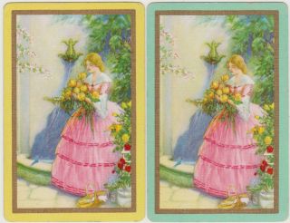 Swap/playing Cards Lady In Crinoline Dress Holding Flowers Vintage Linen Pr