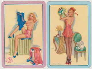 Swap/playing Cards Pin - Up Ladies With Caption Vintage Linen Pair