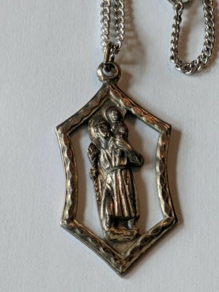 Vintage Sterling St Christopher Religious Medal Pendant Necklace