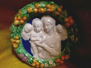 Italian Pottery Wall Hanging Of Madonna & Child,  8 " Round To Hang,  Colorful