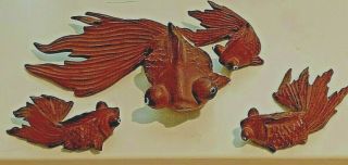 Vintage Set Of 4 Hand Carved Rose Wood Koi Fish W/glass Eyes,  Detailed