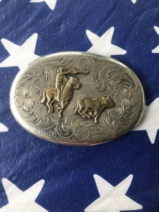 Diablo Mfg Co Vintage Belt Buckle Is Silver With Gold Rider And Steer