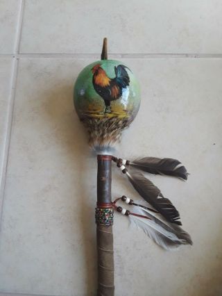 Hand Painted Dance Gourd Rattle,  Rooster,  Ceremonial,  Santa Fe Style,  Glossy