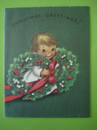 Vtg.  Rust Craft Christmas Card - Cute Cherub W/bringing Christmas Wreaths