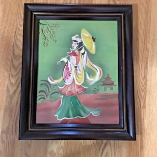 Vintage/ Antique Framed 21 3/4 " X 17 3/4 " Hand Painted Picture Of Oriental Woman