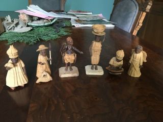 6 Vintage Nigerian Thorn Wood Carved African Tribal Figures 3” To 5“ Tall