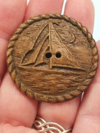 Vintage Bur - Wood,  Syroco,  Button,  Sail Boat In Relief,  1 & 1/2 Inch,  Round