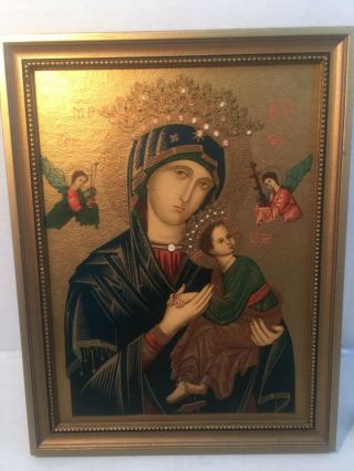 Vintage " Our Lady Of Perpetual Help " Golden Framed Picture 9x12 "