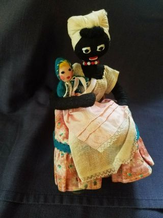 Vintage Felt And Wire Hand Made Doll With Baby In Rocking Chair Black Americana
