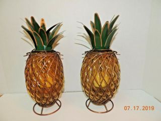 2 Vintage Large Glass & Metal Pineapple Votive Tiki Light Candle Holders