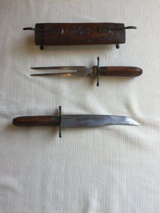 Vintage Carving Knife/fork Set Hand Carved Wooden Case Brass Double Sheath India