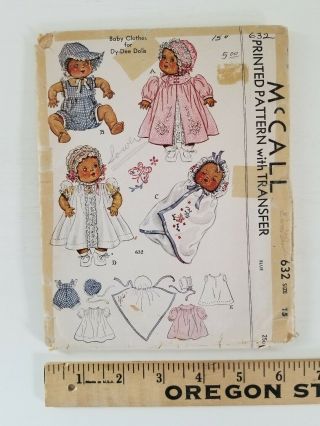 Vtg Mccall 632 Printed Pattern W/ Transfer Baby Clothes Dy - Dee Doll Size 15 Cut