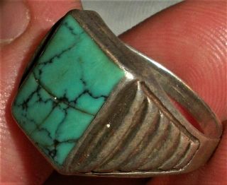 Antique C.  1950 Navajo Sterling Silver Ring Blue Square Turquoise Vafo
