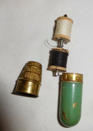 Vintage Gold Color Sewing Thimble And Thread Holder Green Color,  Kit