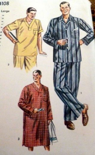 Vtg 1950s Mens Pajamas & Nightshirt Sewing Pattern Large Chest 42 - 44