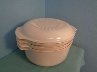Tupperware 4 Piece Stacking Steam N Serve Cooker Microwave Almond