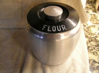 Vintage Kromex Spun Aluminum Flour Canister Black Lid 8 " Tall
