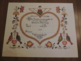 Pennsylvania Dutch Marriage Certificate Folk Art Vintage 1961 Calligraphy
