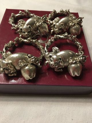 Vintage 1996 Unusual Arthur Court Silver Metal Pig Napkin Rings,  Set Of 4