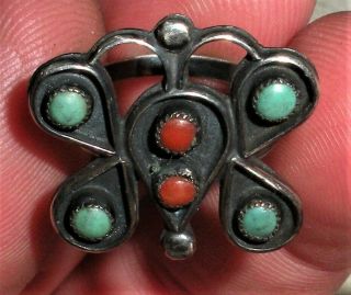 Vintage C.  1940 - 50 Zuni Butterfly Sterling Silver Turquoise Coral Ring Vafo
