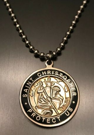 Vtg Saint St Christopher Protect Us Enamel Religious Medal Pendant Necklace Surf