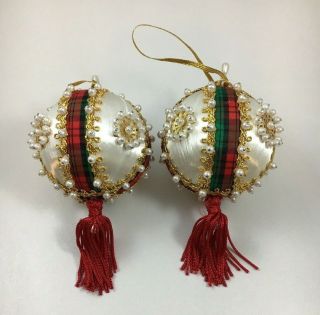 Vtg Xmas Handmade Push Pin Ornament Beaded Jeweled Red Green Plaid O14