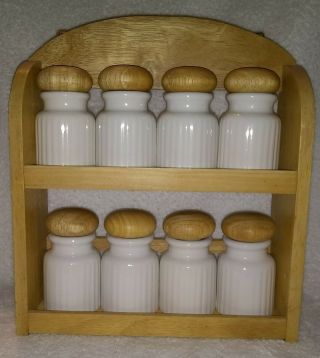 Vintage Wooden Spice Rack 2 Tiers,  8 Glass Jars W/ Wooden Lids Stands & Hangs