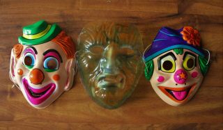 3 Vintage Halloween Masks Scary Clown Faces & Wolfman (?)