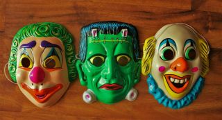 3 Vintage Halloween Masks Scary Clown Faces & Frankenstein