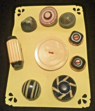 9 Lovely Vintage Celluloid Buttons Various Sizes,  Shapes & Colors Sewn On Card