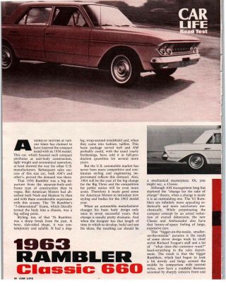 1963 Amc Rambler Classic 660 Sedan 4 Pg Road Test Article E - Stick