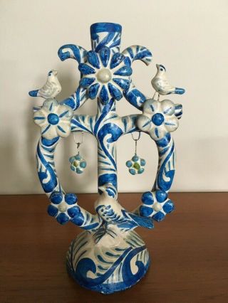 Vintage Mexico Mexican Pottery Folk Art Tree Of Life Candle Holder