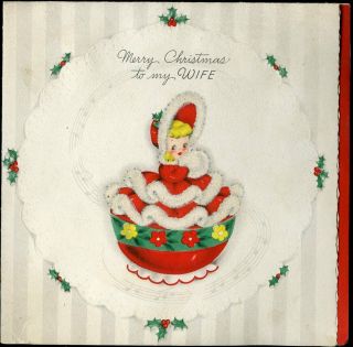 Vintage Christmas Card To My Wife Tea Cup Girl 1942 Hallmark Embossed