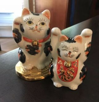 Kutani Yaki Maneki Cat / Neko Porcelain Japanese Pottery - Set Of Two