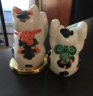 Kutani Yaki Maneki Cat / Neko Porcelain Japanese Pottery - Set Of Two 2