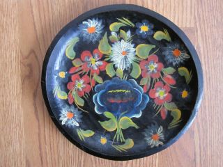 Vintage Mexican Batea,  Hand Painted Wood Plate,  Flowers On Black 10.  50 "