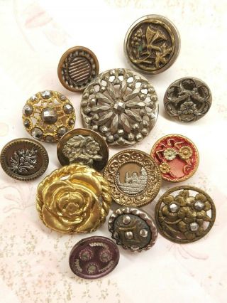 13 Vintage Small Metal Buttons Steel Cuts Floral Tinted Open Work Pictorial