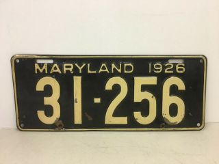 Vintage Antique Maryland License Plate 1926 Metal Black Md
