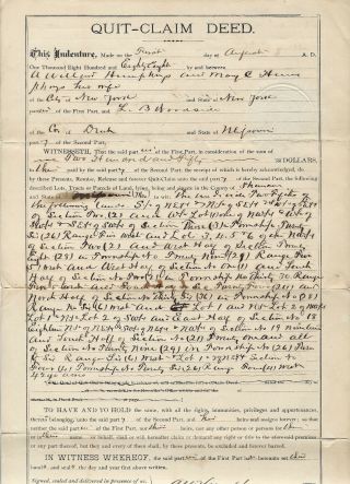 1884 & 1888 Quit - Claim Deeds For Land In Milton Vermont & Shannon Missouri