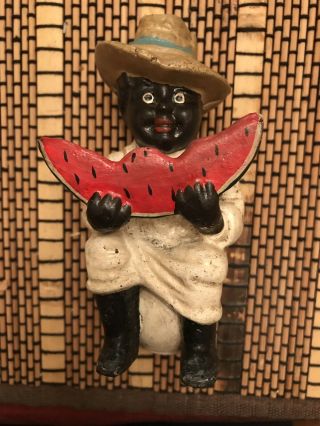Vintage Black Americana Cast Iron Bank Boy On Pot Eating Watermelon Limited Rare