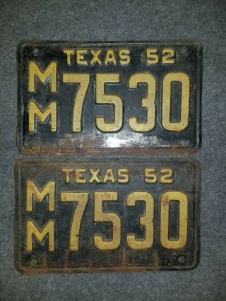 1952 Texas License Plate Pair Mm 7530 Yom Year Of Manufacture Set