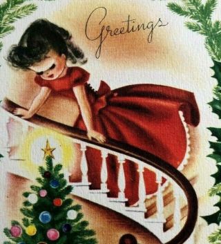 Girl Lady Red Dress Peering Down Staircase Christmas Tree Vtg Card