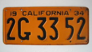 Vintage 1934 California License Plate 2g 33 52 Orange Black Vehicle Dmv Ca Usa
