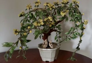 Large Jade Gemstone With Yellow Flower Blossom Bonsai Weeping Tree Vintage