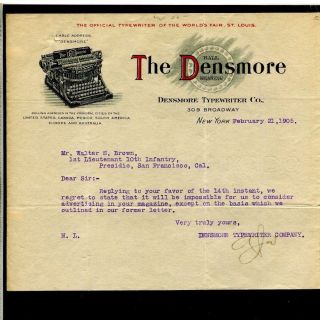 Vintage Illustrated Letterhead Densmore Ball Bearing Typewriter Ny 1905