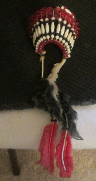 Native American Indian Chief Headdress Bead & Safety Pin Ornament Feather Tails