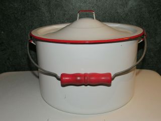 Large Vintage Enamelware Enamel Soup Pot White W Red Trim & Red Wood Handle