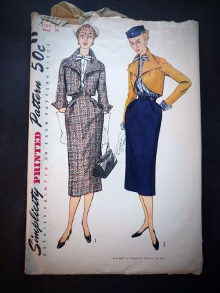 1950s Vintage Simplicity 8457 Sewing Pattern Women’s Suit & Blouse Size 16