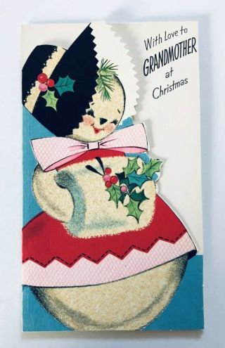 Vintage Rust Craft Christmas Card Die Cut Glitter Snowman Girl Pink Dress Muff